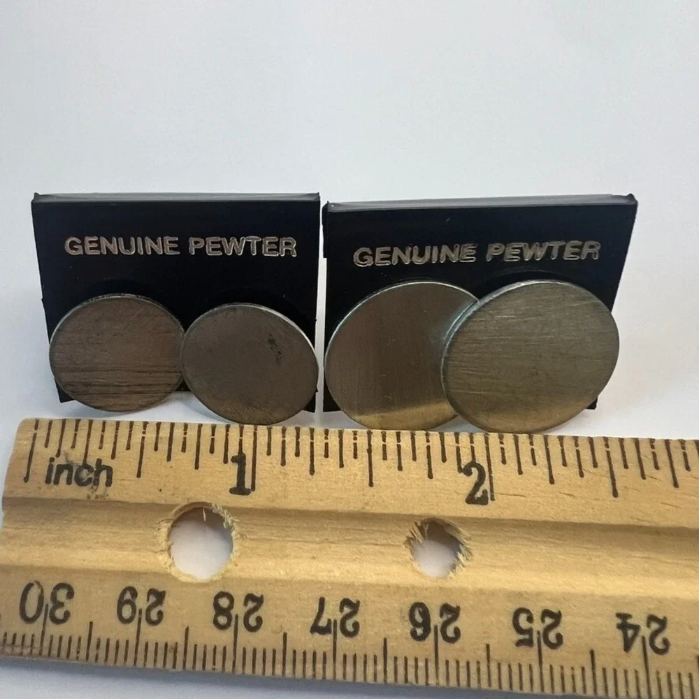 Vintage NOS Pewter Stud Earrings Set of 2 Pairs – Round Minimalist Deadstock New - Picture 8 of 8